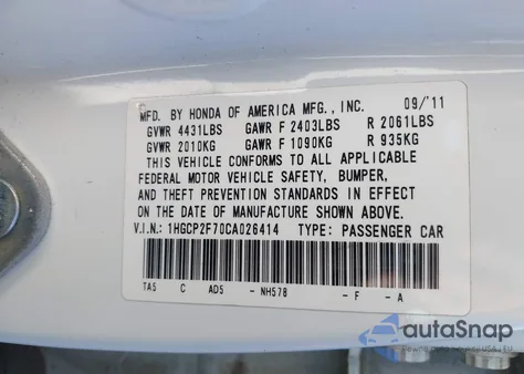 2012 Honda Accord 2.4 Ex from USA, damaged, VIN 1HGCP2F70CA026414